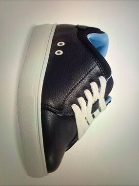 Kenneth Cole Black Leather Low-Top Sneaker with White Sole and Light Blue Lining